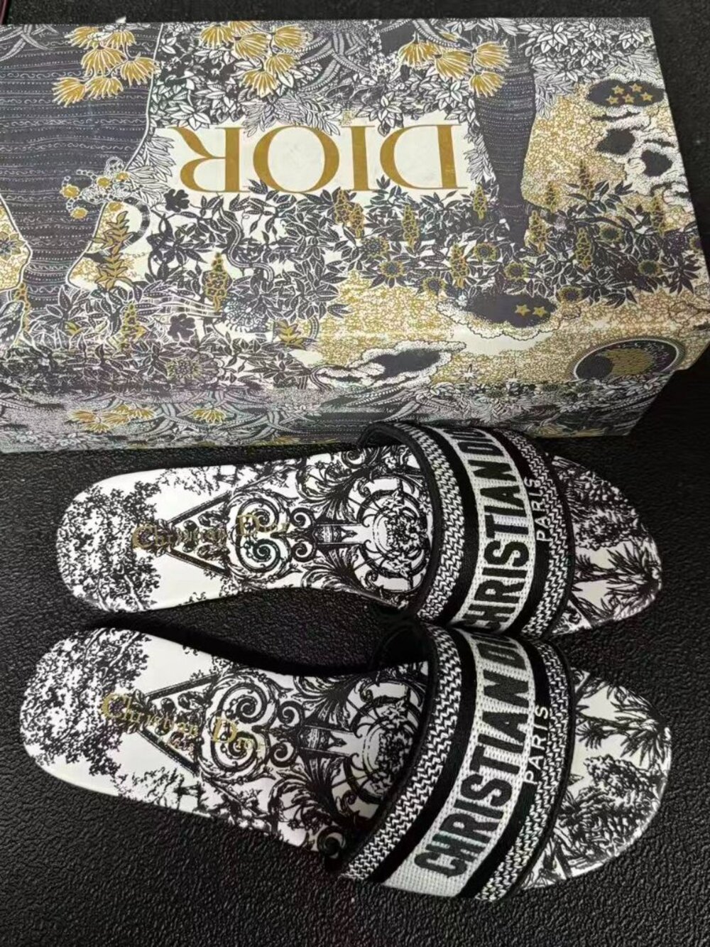 Dior Dway Slides with Toile de Jouy Print, Black/White